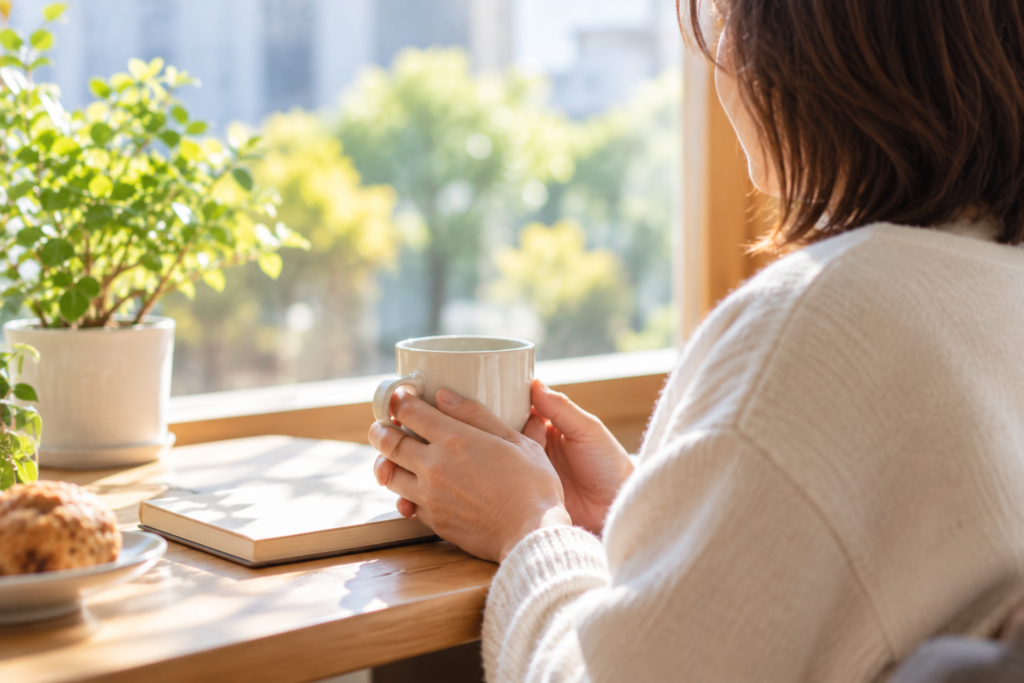 お茶を飲み休憩する女性